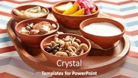  Presentation with appetizers - Cool new presentation design with snack-assortment-on-wooden-tray backdrop and a tawny brown colored foreground