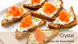  Presentation with salmon - PPT theme having snack food - bread with smoked salmon background and a yellow colored foreground