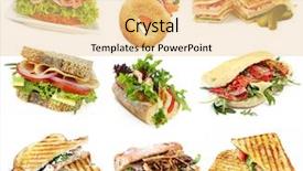  Presentation with snack food - Presentation theme having snack food - collection of sandwiches isolated background and a yellow colored foreground