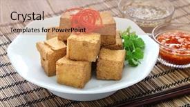  Presentation with snack food - Audience pleasing slides consisting of snack food - fried tofu backdrop and a coral colored foreground