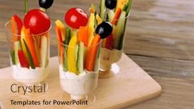  Presentation with glassware - Beautiful presentation theme featuring snack-of-vegetables-in-glassware backdrop and a coral colored foreground