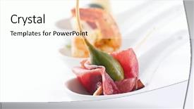  Presentation with falling spoon - PPT theme having snackbar - canapes on the porcelain spoon background and a pink colored foreground