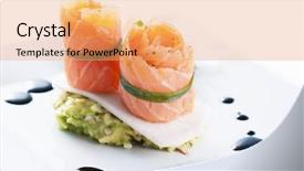 Presentation with avocado and banana smoothie - Slide deck consisting of snackbar - salmon rolls with avocado cream background and a coral colored foreground