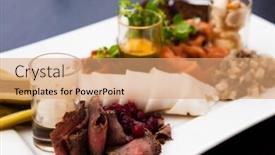  Presentation with vodka - Slide deck with snacks of vodka choice of pickles salmon pork roast beef herring tartare and mushrooms background and a coral colored foreground