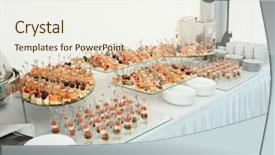  Presentation with banquet - Beautiful slide deck featuring snacks on banquet table catering backdrop and a sky blue colored foreground