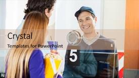  Presentation with cereal bar snacks - Slides with mid adult couple holding snacks while buying movie tickets from seller at box office background and a coral colored foreground