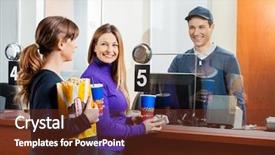  Presentation with snacks - Audience pleasing PPT theme consisting of happy women holding snacks while buying movie tickets from male seller at box office backdrop and a tawny brown colored foreground