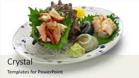  Presentation with turban - Colorful presentation design enhanced with japan wine - sazae horned turban shell sashimi backdrop and a mint green colored foreground
