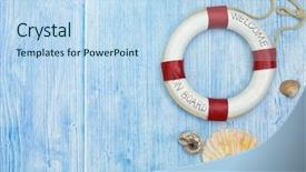  Presentation with sea shells - Presentation design with snails beach - weathered wooden light blue background background and a sky blue colored foreground