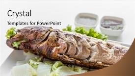  Presentation with grilled - PPT theme featuring snakehead - grilled fish with vegetable background and a  colored foreground