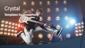  Presentation with high jump up - Presentation design with snapshots - guitarist plays on bas-guitar snapshot background and a tawny brown colored foreground