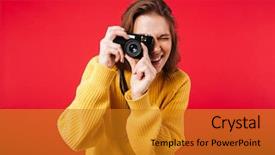  Presentation with camera - Cool new presentation design with snapshots - portrait of a young woman backdrop and a gold colored foreground