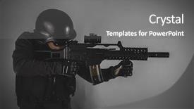  Presentation with sniper - Amazing PPT theme having sniper airsoft player with gun backdrop and a gray colored foreground
