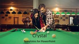  Presentation with billiard - Slide deck having snooker - family couple learn to play background and a ocean colored foreground