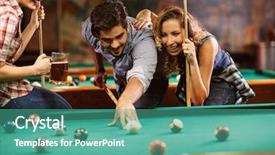  Presentation with billiard - Presentation theme featuring snooker - fun with smiling friends playing background and a teal colored foreground