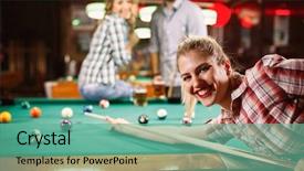  Presentation with billiard - Amazing slides having snooker - young smiling girl playing billiard backdrop and a seafoam green colored foreground