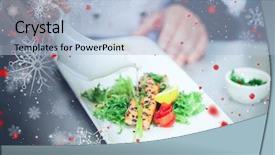  Presentation with salmon dish - Amazing PPT theme having snow against chef pouring sauce on salmon dish backdrop and a light blue colored foreground