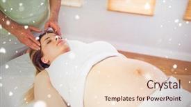  Presentation with pregnant woman massage - PPT layouts having snow against relaxed pregnant woman enjoying head massage background and a lemonade colored foreground