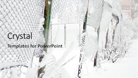  Presentation with snow covered trees and falling - Cool new PPT theme with covered rabitz grid lattice fence backdrop and a white colored foreground
