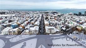  Presentation with snow - Audience pleasing theme consisting of snow-covered-rooftops-of-reykjavik backdrop and a light blue colored foreground
