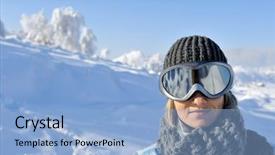  Presentation with falling snow - Audience pleasing theme consisting of snow falling - young woman wearing ski glasses backdrop and a  colored foreground