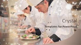  Presentation with falling snow - Slides with snow falling against chefs preparing their salads background and a soft green colored foreground