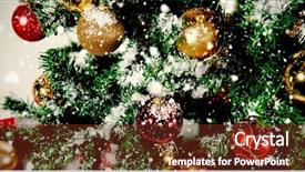  Presentation with falling snow - Presentation theme with snow falling against christmas balls background and a tawny brown colored foreground