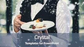  Presentation with falling snow - Presentation enhanced with snow falling against midsection of waitress holding plate with dessert background and a ocean colored foreground