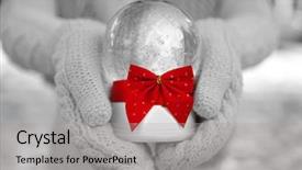  Presentation with red bow - Slides consisting of snow globe - girl in knitted mittens holding background and a light gray colored foreground