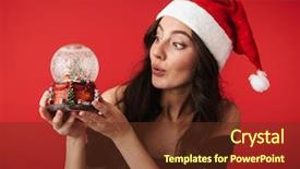  Presentation with christmas red - Cool new presentation theme with snow globe gifts - cheerful young woman wearing christmas backdrop and a tawny brown colored foreground