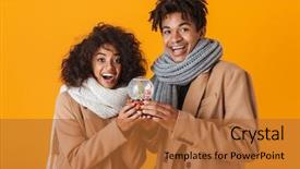  Presentation with african american black couple - PPT theme with snow globe gifts - happy african couple wearing winter background and a red colored foreground