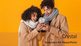  Presentation with african american black couple - Presentation theme having snow globe gifts - happy african couple wearing winter background and a gold colored foreground