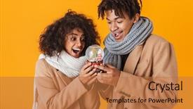 Presentation with winter - Beautiful PPT theme featuring snow globe gifts - happy african couple wearing winter backdrop and a coral colored foreground