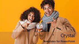  Presentation with winter - Colorful theme enhanced with snow globe gifts - happy african couple wearing winter backdrop and a red colored foreground