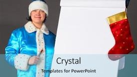  Presentation with flip chart - Presentation theme featuring snow maiden is pointing on flip chart background and a light blue colored foreground