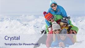  Presentation with ski - Beautiful slide deck featuring snow pile - group of friends having fun backdrop and a sky blue colored foreground