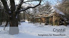  Presentation with house forest - Amazing presentation having snow ruins - abandoned rural house in winter backdrop and a light blue colored foreground