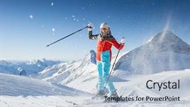  Presentation with weather - Beautiful theme featuring snow sun - woman in ski resort clear backdrop and a light blue colored foreground
