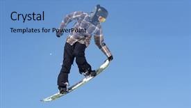  Presentation with multiethnics familly jumping in the air - Slide deck consisting of snowboarder jumps in snow park big air background and a teal colored foreground