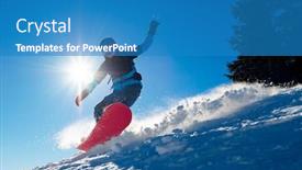 Presentation with winter sports - Presentation design featuring snowboarder riding red snowboard in the mountains at sunny day snowboarding and winter sports background and a teal colored foreground