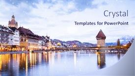  Presentation with city buildings - Presentation theme consisting of snowfall-over-beautiful-historic-city background and a sky blue colored foreground