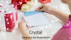  Presentation with communication - Slides with snowflake christmas card - holidays communication and people concept background and a soft green colored foreground