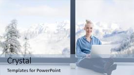  Presentation with cold coffee - Presentation enhanced with snowing video - real woman using laptop background and a  colored foreground