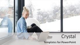  Presentation with cold coffee - Colorful slides enhanced with snowing video - real woman using laptop backdrop and a  colored foreground