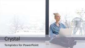  Presentation with winter video - Beautiful slide deck featuring snowing video - real woman using laptop backdrop and a  colored foreground