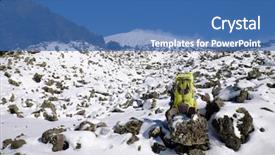  Presentation with volcanic rock - Audience pleasing presentation consisting of green backpack on the snow backdrop and a ocean colored foreground