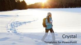  Presentation with woman sport - Cool new slide deck with snowshoeing on snow trail forest backdrop and a light blue colored foreground