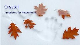  Presentation with handprints - PPT theme having footmark - snowy handprints with autumn leaves background and a sky blue colored foreground