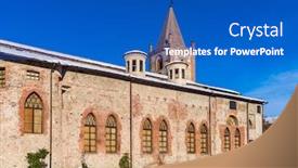  Presentation with church blue - Colorful presentation theme enhanced with snowy street and old church under blue sky in cuneo piedmont northern italy backdrop and a cobalt blue colored foreground