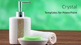  Presentation with soap - Audience pleasing presentation consisting of soap and dispenser on the brown table top backdrop and a seafoam green colored foreground